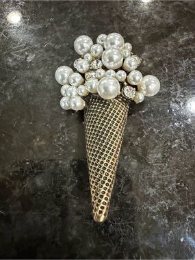 Pearl & Crystal Ice Cream Cone Brooch - Gold Tone
